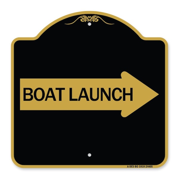 Boat Launch With Right Arrow, Black & Gold Aluminum Architectural Sign, 18" x 18", BG-1818-24405